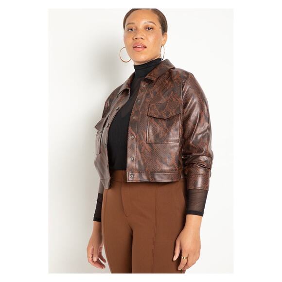 NWT Eloquii Cropped Snakeskin Vegan Faux Leather Jacket 14 Brown - Picture 1 of 9